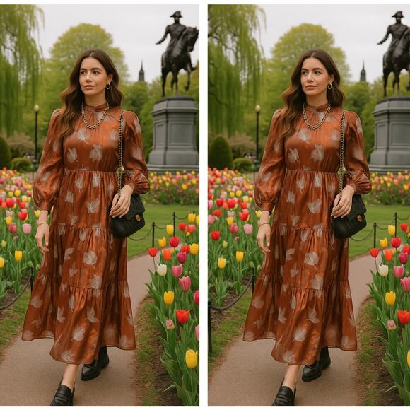 MELLODAY Iridescent Floral High Neck Maxi Dress Copper Brown Sz M NWT {A23} - Picture 1 of 8